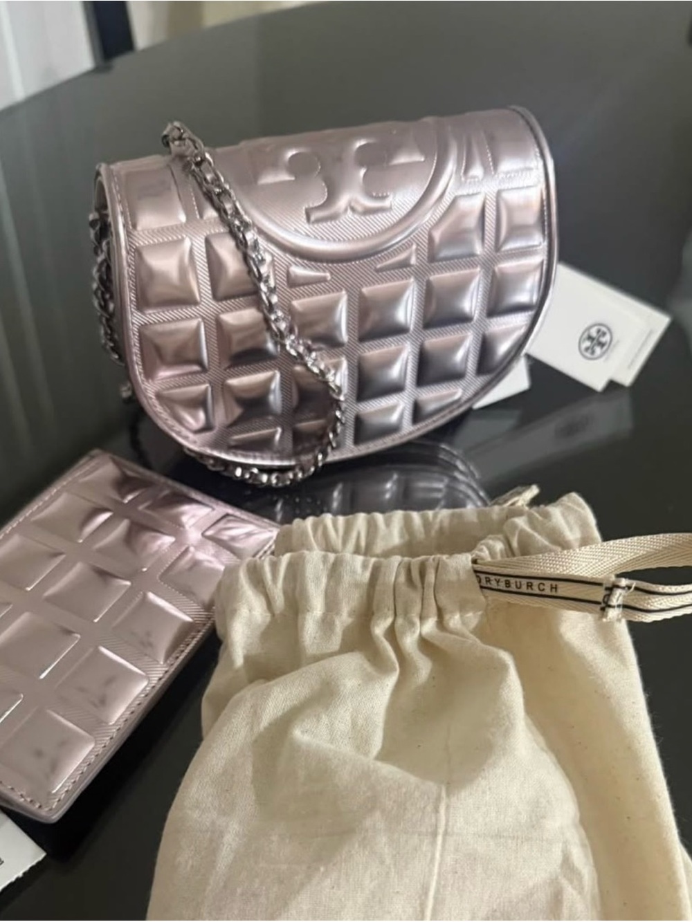 Tory Burch Fleming Metallic Square Quilt Set in Sparkle Pink (with card case)